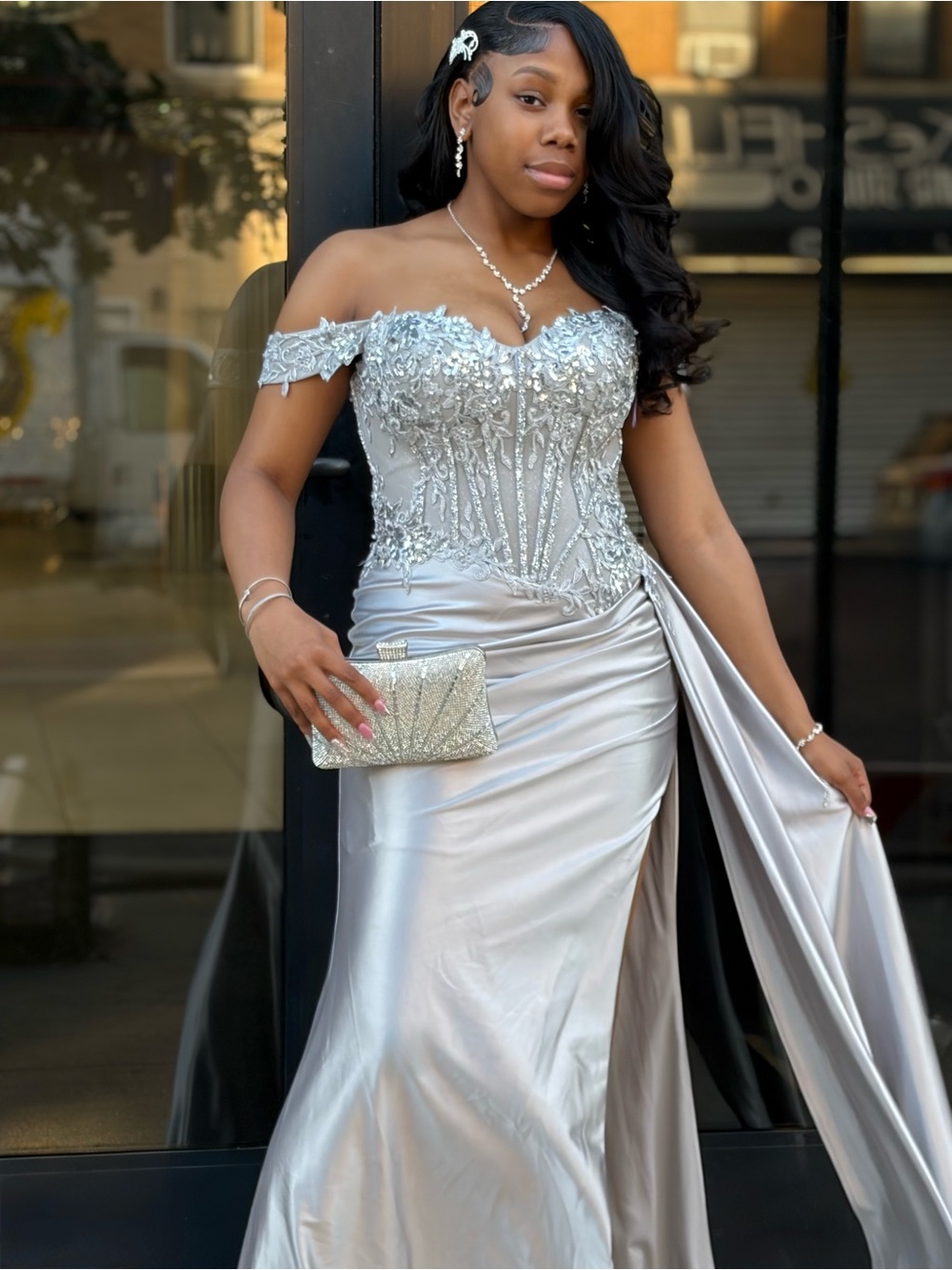 Silver Off-Shoulder Embellished Evening Gown